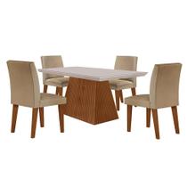 Conjunto de Mesa de Jantar Retangular com Tampo de Vidro Off White Luna e 4 Cadeiras Grécia Linho Bege e Imbuia Conjunto de Mesa de Jantar Retangular com Tampo de Vidro Off White Luna e 4 Cadeiras Grécia Linho Bege e Imbuia
