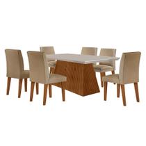 Conjunto de Mesa de Jantar Retangular com Tampo de Vidro Off White Luna e 6 Cadeiras Grécia Linho Bege e Imbuia Conjunto de Mesa de Jantar Retangular com Tampo de Vidro Off White Luna e 6 Cadeiras Grécia Linho Bege e Imbuia