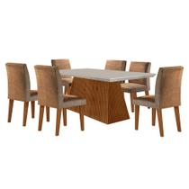 Conjunto de Mesa de Jantar Retangular com Tampo de Vidro Off White Luna e 6 Cadeiras Grécia Suede Animalle Chocolate e Imbuia Conjunto de Mesa de Jantar Retangular com Tampo de Vidro Off White Luna e 6 Cadeiras Grécia Suede Animalle Chocolate e Imbuia