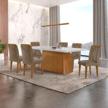 Conjunto de Mesa de Jantar Retangular com Tampo de Vidro Off White Luna e 6 Cadeiras Italia Veludo Capuccino e Imbuia Conjunto de Mesa de Jantar Retangular com Tampo de Vidro Off White Luna e 6 Cadeiras Italia Veludo Capuccino e Imbuia