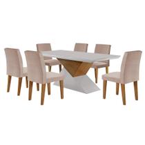 Conjunto de Mesa de Jantar Retangular com Tampo de Vidro Off White Turmalina e 6 Cadeiras Grécia Linho Rústico e Imbuia Conjunto de Mesa de Jantar Retangular com Tampo de Vidro Off White Turmalina e 6 Cadeiras Grécia Linho Rústico e Imbuia