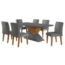 Conjunto de Mesa de Jantar Retangular com Tampo de Vidro Turmalina e 6 Cadeiras Grécia Linho Grafite e Imbuia Conjunto de Mesa de Jantar Retangular com Tampo de Vidro Turmalina e 6 Cadeiras Grécia Linho Grafite e Imbuia