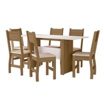 Conjunto de Mesa de Jantar Retangular com Tampo MDP Off White e 6 Cadeiras Milano Revestimento Sintético Bege e Carvalho