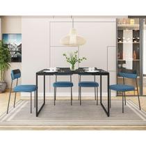 Conjunto de Mesa de Jantar Retangular com Tampo Preto Porto e 4 Cadeiras Mila Linho Azul
