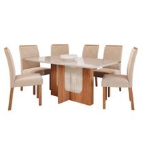 Conjunto de Mesa de Jantar Tampo de Vidro Off White Louise 1,60 Com e 6 Cadeiras Fernanda Cinamomo/Madeira/Nude