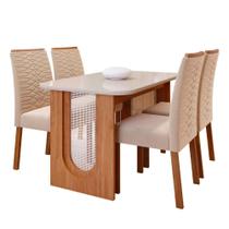 Conjunto de Mesa de Jantar Tampo de Vidro Off White Valentina 1,30 Com e 4 Cadeiras Clarice Cinamomo/Madeira/Nude