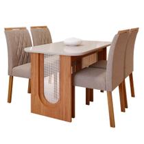 Conjunto de Mesa de Jantar Tampo de Vidro Off White Valentina 1,30 Com e 4 Cadeiras Juliana Cinamomo/Madeira/Linho Bege