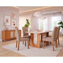 Conjunto de Mesa de Jantar Tampo de Vidro Off White Valentina 1,30 e 4 Cadeiras Paola Cinamomo/Madeira/Linho Bege