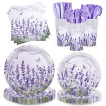 Conjunto de mesa descartável floral lavanda Vellumvibe com 168 peças Conjunto de mesa descartável floral lavanda Vellumvibe com 168 peças