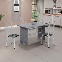 Conjunto de Mesa e Cadeiras 4 Lugares Retangular Tampo Granito Lorena Preto Floral/Branco Yescasa