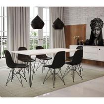 Conjunto De Mesa Eames Clips De Ferro Preto Tampo Branco 135x75 6 Cadeiras Preta Assento Preto