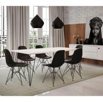 Conjunto De Mesa Eames Clips De Ferro Preto Tampo Branco 135x75 6 Cadeiras Preta Assento Preto