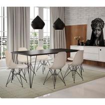 Conjunto De Mesa Eames Clips De Ferro Preto Tampo Preto 135x75 6 Cadeiras Ferro Preta Assento Branco