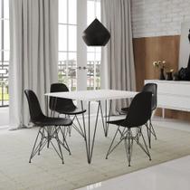 Conjunto De Mesa Eames Clips De Ferro Preto Tampo Quadrado Branco 90x90 4 Cadeiras Ferro Preta Assento Preto