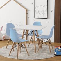 Conjunto de Mesa Eames Eiffel Madeira Infantil 68cm Quadrado Branco 4 Cadeiras Azul