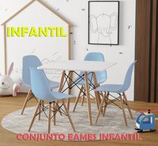 Conjunto De Mesa Eames Eiffel Madeira Infantil 68cm Quadrado Branco 4 Cadeiras Azul - House Design