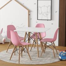 Conjunto De Mesa Eames Eiffel Madeira Infantil 68cm Quadrado Branco 4 Cadeiras Rosas