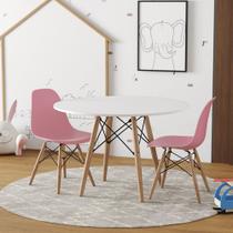 Conjunto de Mesa Eames Eiffel Madeira Infantil 68cm Redondo Branco 2 Cadeiras Rosa - CASA PRIME