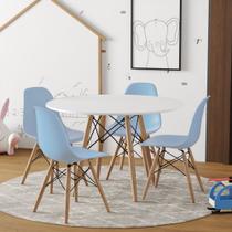 Conjunto de Mesa Eames Eiffel Madeira Infantil 68cm Redondo Branco 4 Cadeiras Azul