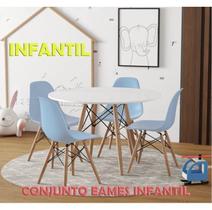 Conjunto De Mesa Eames Eiffel Madeira Infantil 68cm Redondo Branco 4 Cadeiras Azul
