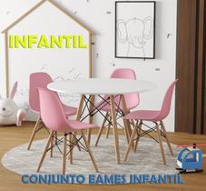 Conjunto De Mesa Eames Eiffel Madeira Infantil 68cm Redondo Branco 4 Cadeiras Rosa