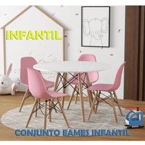 Conjunto De Mesa Eames Eiffel Madeira Infantil 68cm Redondo Branco 4 Cadeiras Rosa