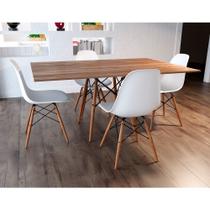 Conjunto De Mesa Eames Eiffel Retangular 120x75 Tampo De Madeira Amêndoa Com 4 Cadeiras Brancas