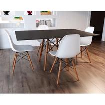 Conjunto De Mesa Eames Eiffel Retangular 120x75 Tampo De Madeira Preto Com 4 Cadeiras Brancas