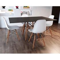 Conjunto De Mesa Eames Eiffel Retangular 120x75 Tampo De Madeira Preto Com 4 Cadeiras Brancas