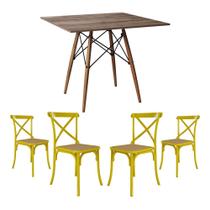 Conjunto de Mesa Eiffel Quadrado Tampo de Madeira 90cm Amêndoa com 4 Cadeiras Katrina Amarela Assent