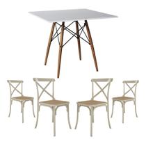 Conjunto de Mesa Eiffel Quadrado Tampo de Madeira 90cm Branco com 4 Cadeiras Katrina Off White Assen