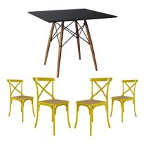 Conjunto de Mesa Eiffel Quadrado Tampo de Madeira 90cm Preto com 4 Cadeiras Katrina Amarela Assento
