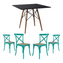 Conjunto de Mesa Eiffel Quadrado Tampo de Madeira 90cm Preto com 4 Cadeiras Katrina Azul Turquesa As