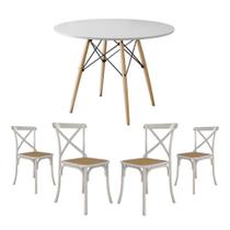 Conjunto de Mesa Eiffel Redondo Tampo de Madeira 110cm Branco com 4 Cadeiras Katrina Branca Assento