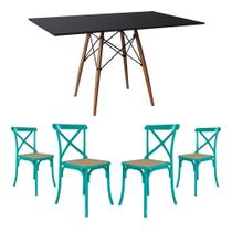 Conjunto de Mesa Eiffel Retangular Tampo de Madeira 120x75cm Preto com 4 Cadeiras Katrina Azul Turqu