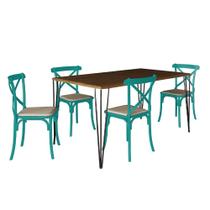 Conjunto de Mesa Elen Retangular Tampo de Madeira 140x80cm Amêndoa com 4 Cadeiras Katrina Azul Turqu