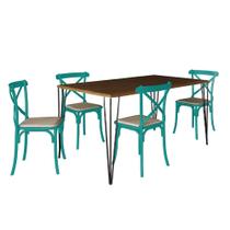 Conjunto De Mesa Elen Retangular Tampo De Madeira 140x80cm Amêndoa Com 4 Cadeiras Katrina Azul Turqu