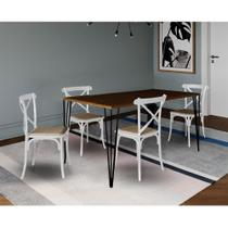 Conjunto de Mesa Elen Retangular Tampo de Madeira 140x80cm Amêndoa com 4 Cadeiras Katrina Branca Ass