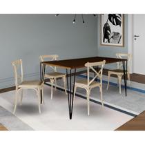 Conjunto de Mesa Elen Retangular Tampo de Madeira 140x80cm Amêndoa com 4 Cadeiras Katrina Off White