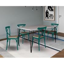Conjunto de Mesa Elen Retangular Tampo de Madeira 150x90cm Branco com 4 Cadeiras Katrina Azul Turque