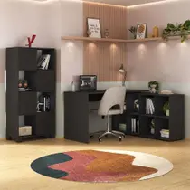 Conjunto de Mesa em L com Estante de Escritório 4 PT Nero Wally Preto Conjunto de Mesa em L com Estante de Escritório 4 PT Nero Wally Preto