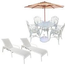 Conjunto de Mesa Fortaleza com 4 Cadeiras Alumínio, Ombrelone e 2 Espreguiçadeiras Tela Sling