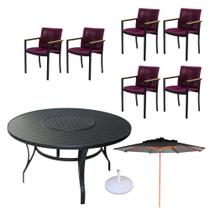 Conjunto de mesa giratória 6 cadeiras corda náutica e alumínio com guarda sol - Sarah Móveis