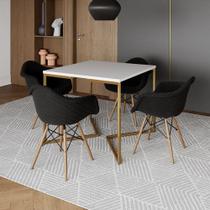 Conjunto de Mesa Industrial Base Dourada Tampo Quadrado 90cm Branco 4 Poltronas Estofadas Preto