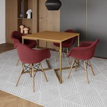 Conjunto de Mesa Industrial Base Dourada Tampo Quadrado 90cm Canela 4 Poltronas Estofadas Vermelho