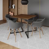Conjunto de Mesa Industrial Base Preta Tampo Quadrado 90cm Amêndoa 4 Poltronas Estofadas Grafite