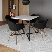 Conjunto de Mesa Industrial Base Preta Tampo Quadrado 90cm Branco 4 Poltronas Estofadas Preto