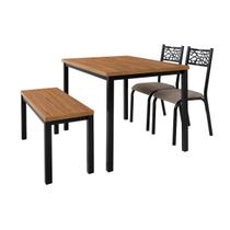 Conjunto de Mesa Jantar Ciplafe Flex Com 1 Banco Mega e 2 Cadeiras Jade Tubo Preto Fosco Tampo Madeira Amendoa 1,10m x 0,72m