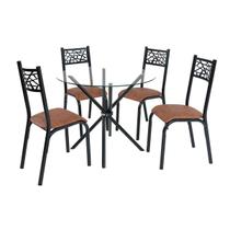 Conjunto de mesa jogo sala jantar ciplafe jade slim 4 cadeiras tubo preto fosco tampo vidro incolor 0,90m redondo assento estofado