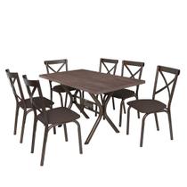Conjunto de mesa karina x tampo de bp amendoa 1,36m x 0,80m retangular com 6 cadeiras tubo bronze - ciplafe